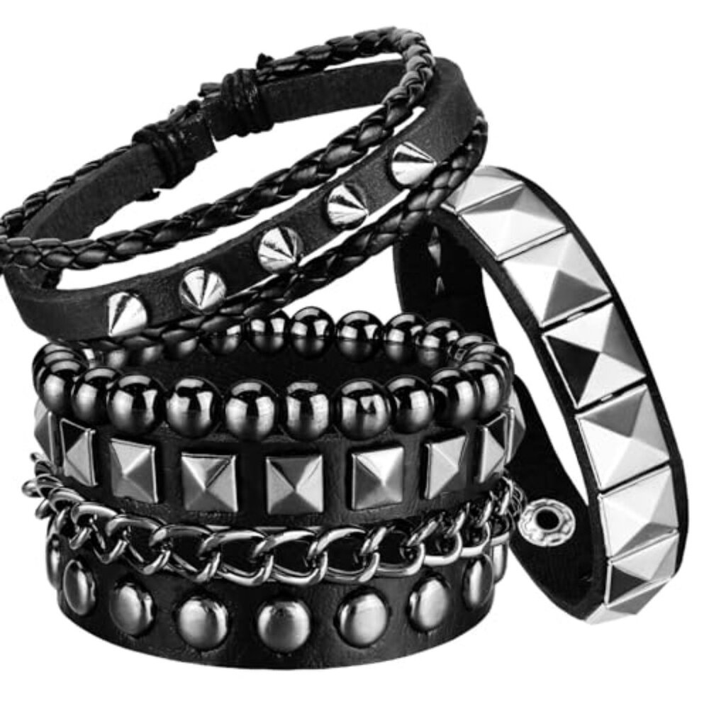 4 Pcs‎ Punk Rock Leather Studded Bracelets for Men